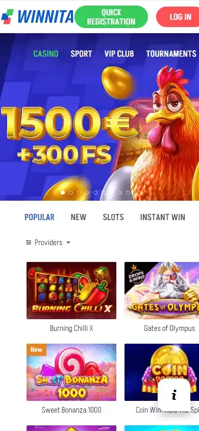 Η αρχική σελίδα της Winnita Casino στο κινητό